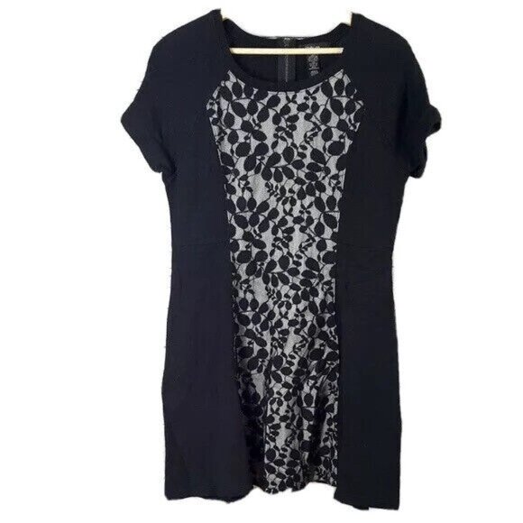 Style & Co. Womens Shift Dress Black Medium Gray Back Zip Lace Panel Floral - Picture 1 of 5